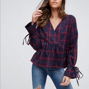 ASOS Wrap Blouse Tartan Plaid  Womans 16 Oversized With Dip Hem In Grid Checks